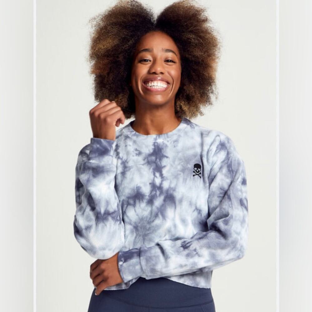 SoulCycle Julia Cropped Waffle Sweatshirt Long Sleeve Top Blue Black Small